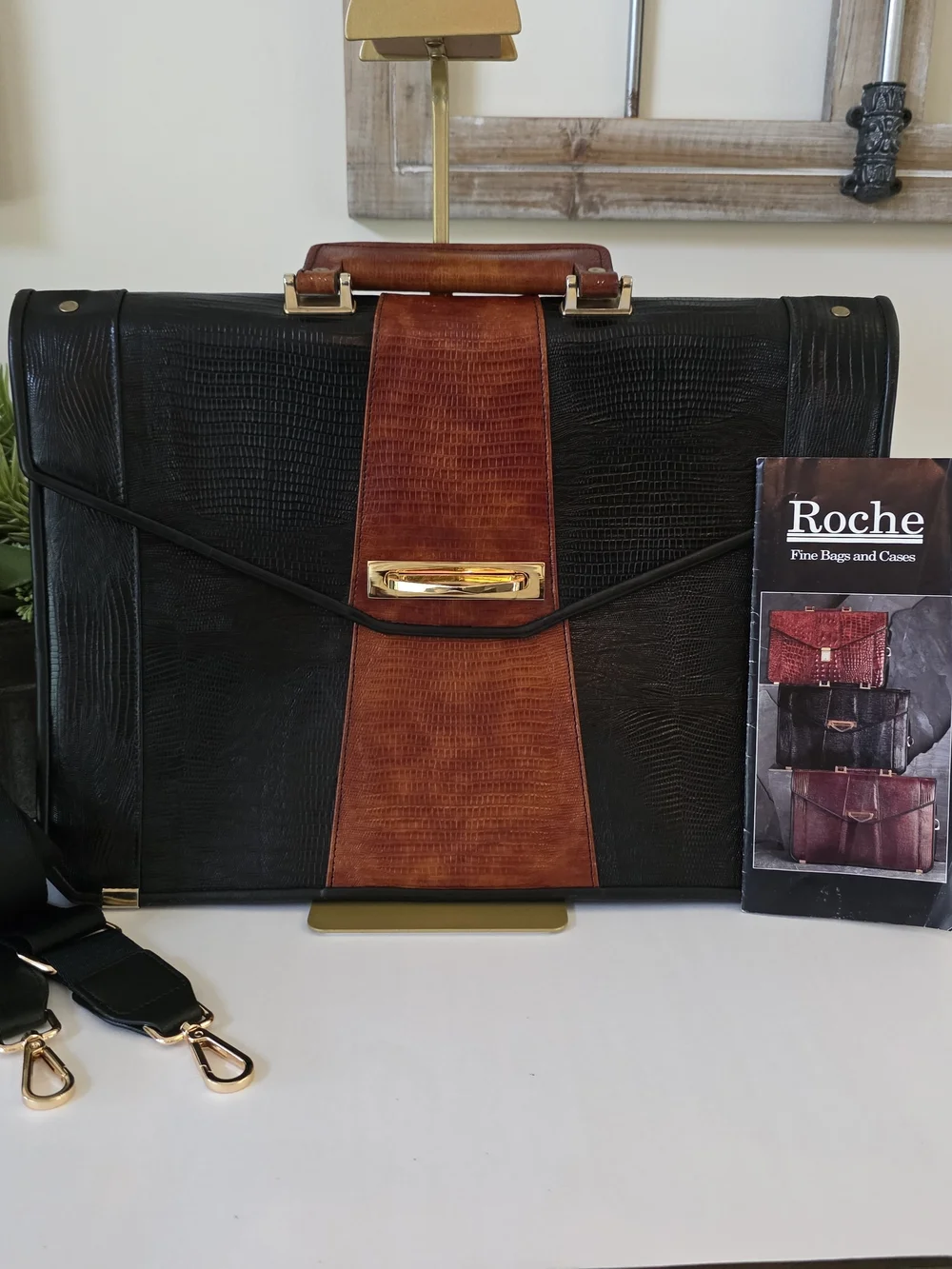 Vintage Roche Signed Calf Leather Briefcase Messenger Laptop Bag Y2K